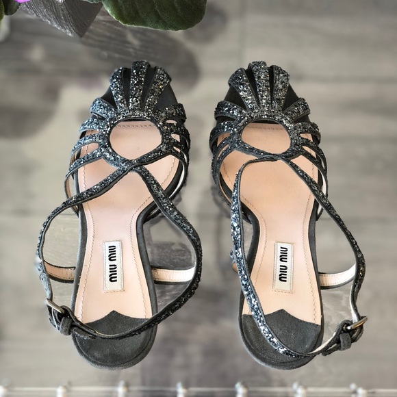 MIU MIU GLITTER STRAPPY SLINGBACK SANDAL HEEL - Picture 7 of 8